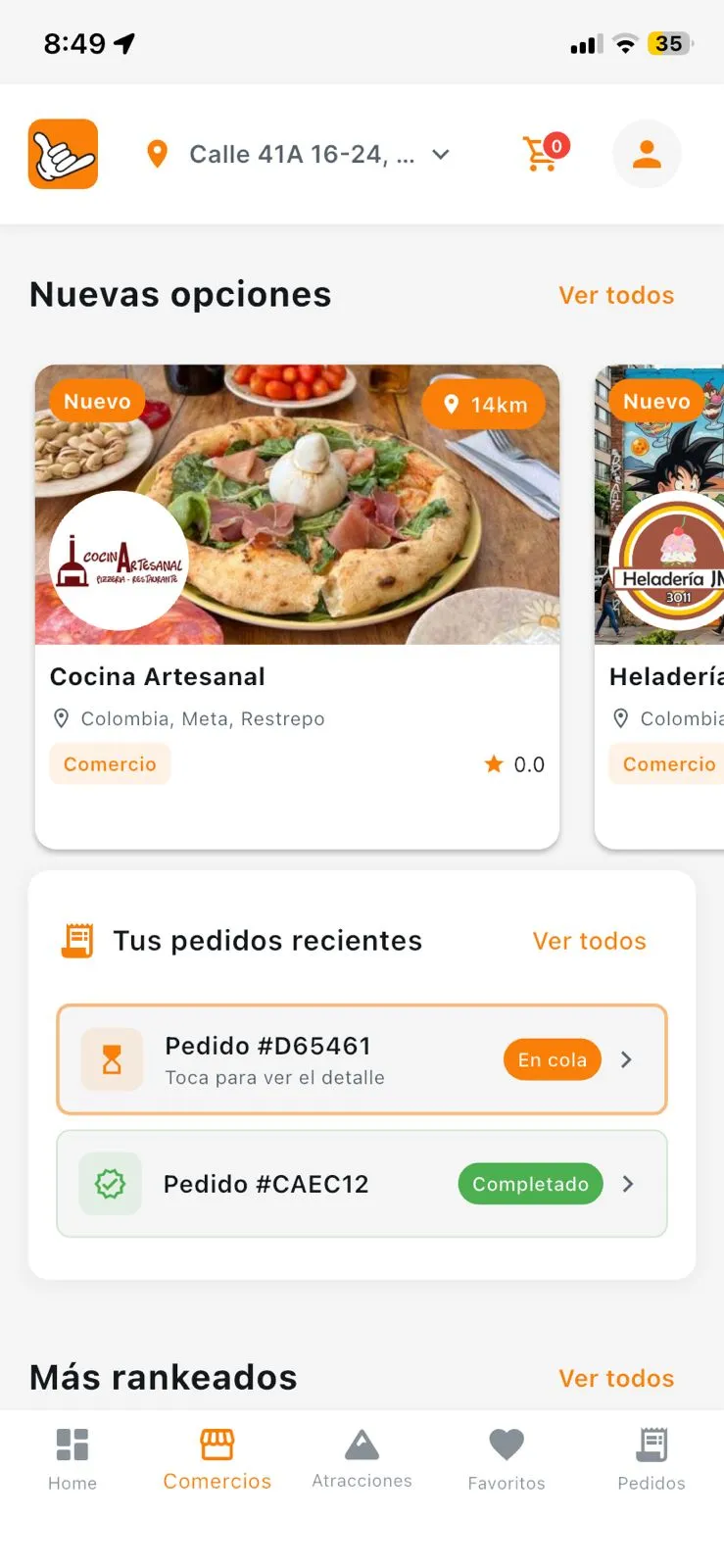 Pantalla principal de comercios